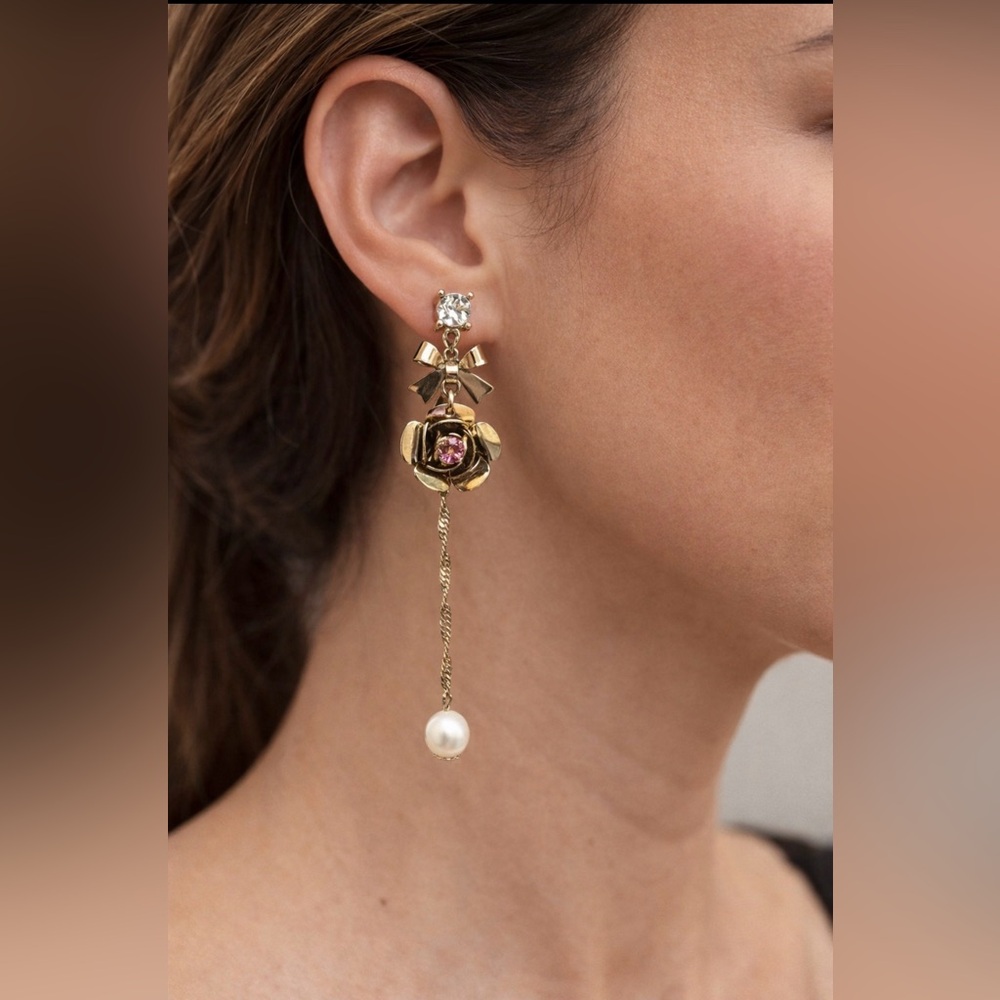 Betsey Johnson Gold Rose Pearl Drop Earrings ~ Bow ~ Pink Crystal ~ Pearl ~ NWT